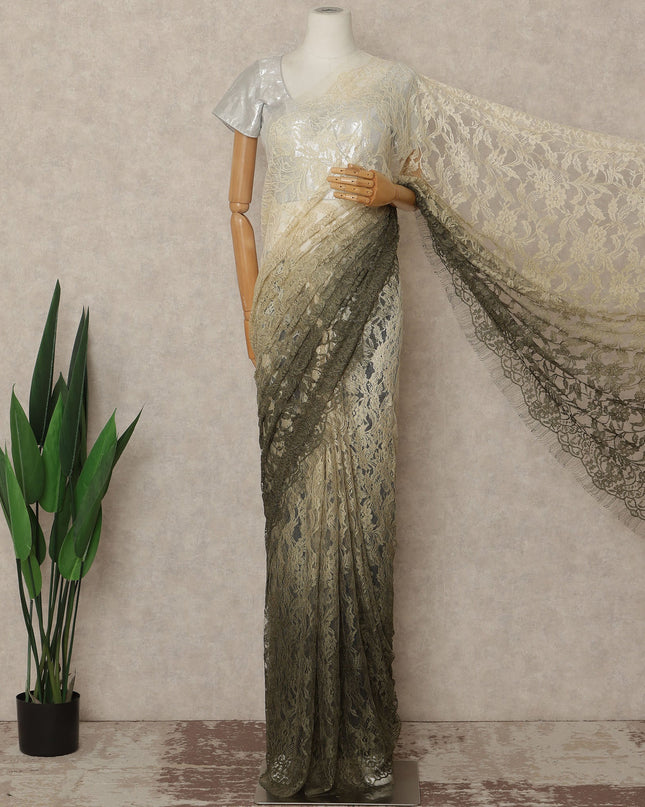 Olive Green Beige Ombre French Chantilly Lace Saree 5.5 Meters Length 110 Cms Width Premium Floral Lace Fabric Soft Sheer Elegant Draping Party Wear Saree Fabric France Origin-D28682 Regal Fabrics