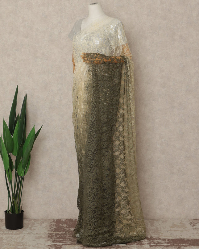 Olive Green Beige Ombre French Chantilly Lace Saree 5.5 Meters Length 110 Cms Width Premium Floral Lace Fabric Soft Sheer Elegant Draping Party Wear Saree Fabric France Origin-D28682 Regal Fabrics