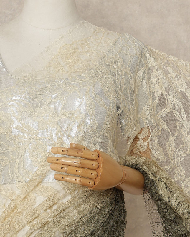 Olive Green Beige Ombre French Chantilly Lace Saree 5.5 Meters Length 110 Cms Width Premium Floral Lace Fabric Soft Sheer Elegant Draping Party Wear Saree Fabric France Origin-D28682 Regal Fabrics