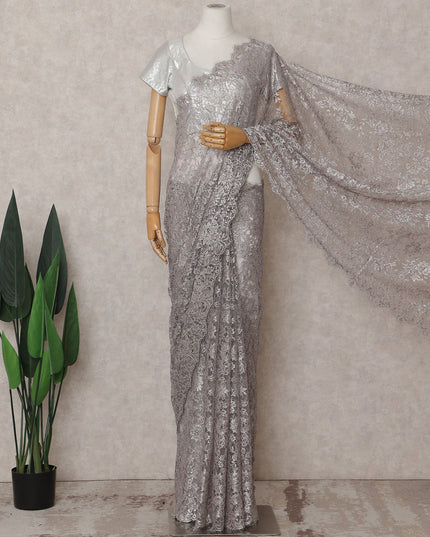 Metallic Silver Chantilly Lace Saree - D31684