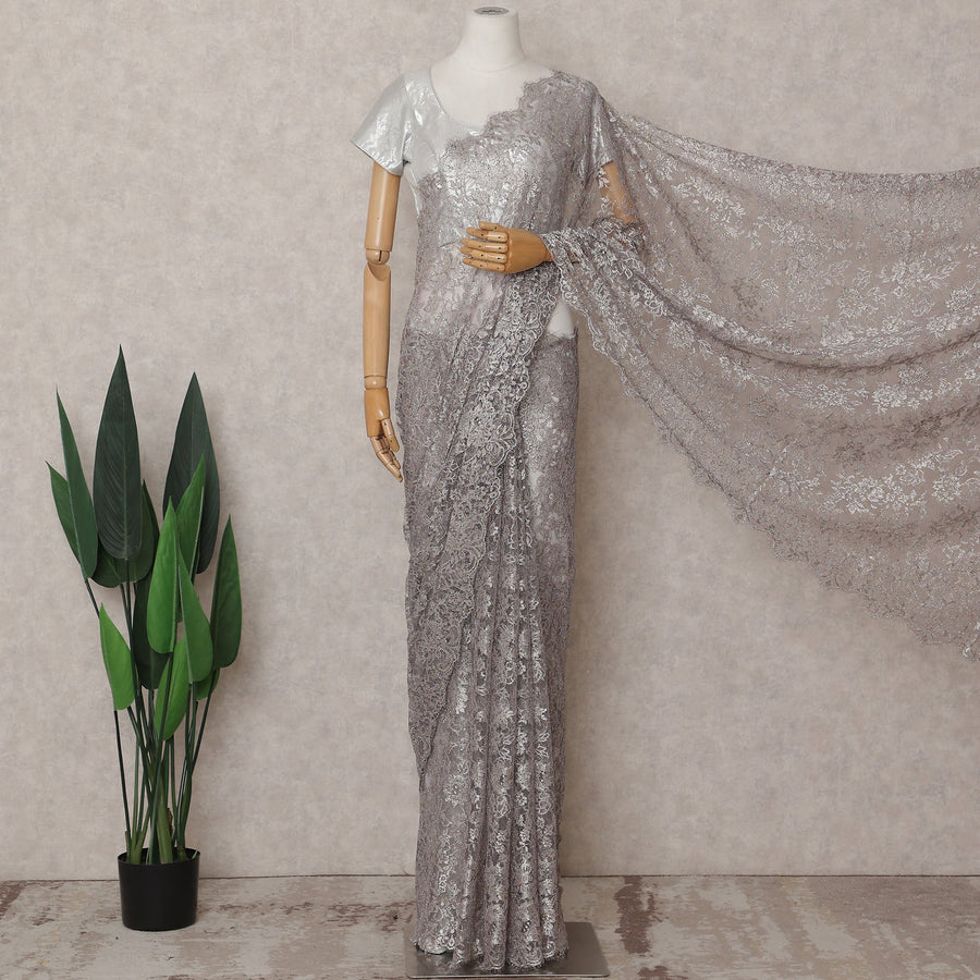 Metallic Silver Chantilly Lace Saree - D31684
