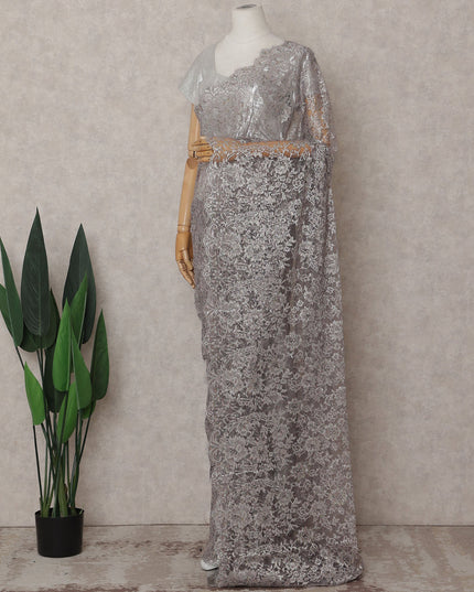 Metallic Silver Chantilly Lace Saree - D31684