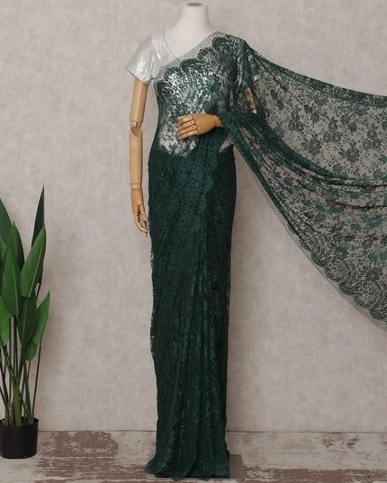 Emerald Bottle Green French Chantilly Lace Saree 5.5m