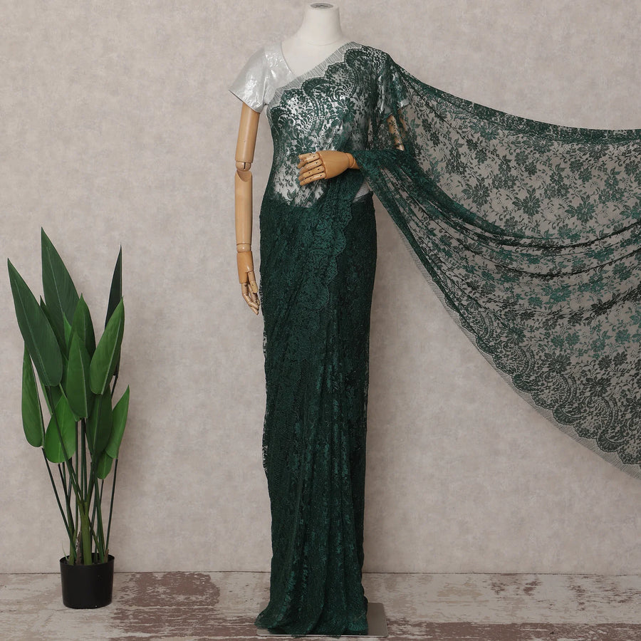 Emerald Bottle Green French Chantilly Lace Saree 5.5m