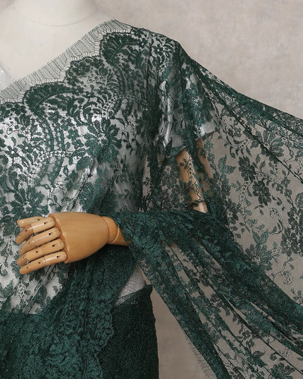 Emerald Bottle Green French Chantilly Lace Saree 5.5m
