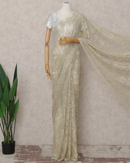 Cream Gold French Chantilly Lace Saree 5.5m
