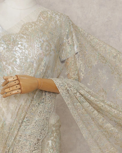 Cream Gold French Chantilly Lace Saree 5.5m