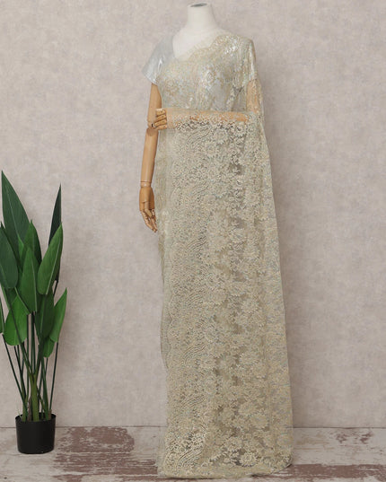 Cream Gold French Chantilly Lace Saree 5.5m
