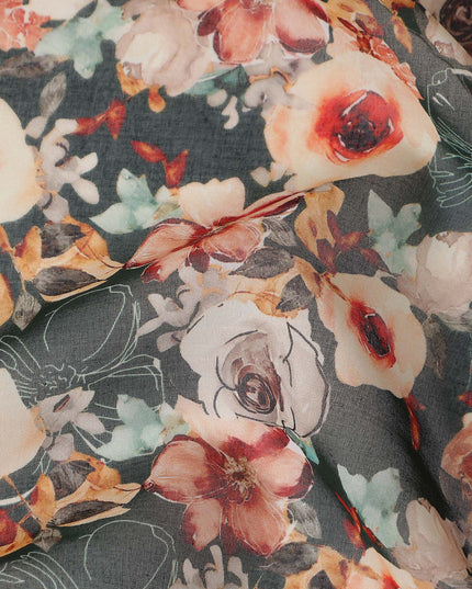 Slate Green Printed Cotton Voile Fabric 110cm
