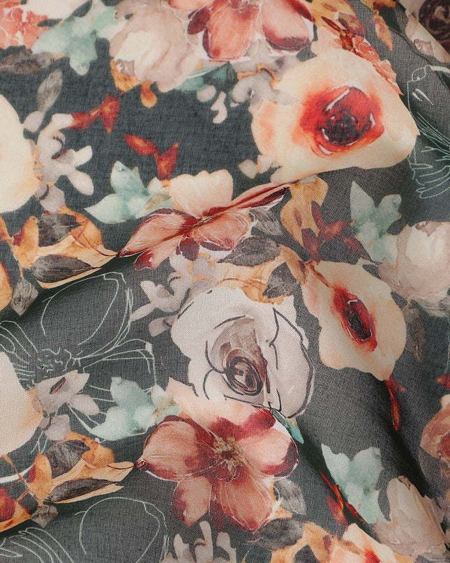 Slate Green Printed Cotton Voile Fabric 110cm