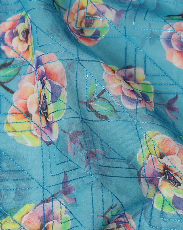 Blue Floral Sudanese Cotton Voile Thobe