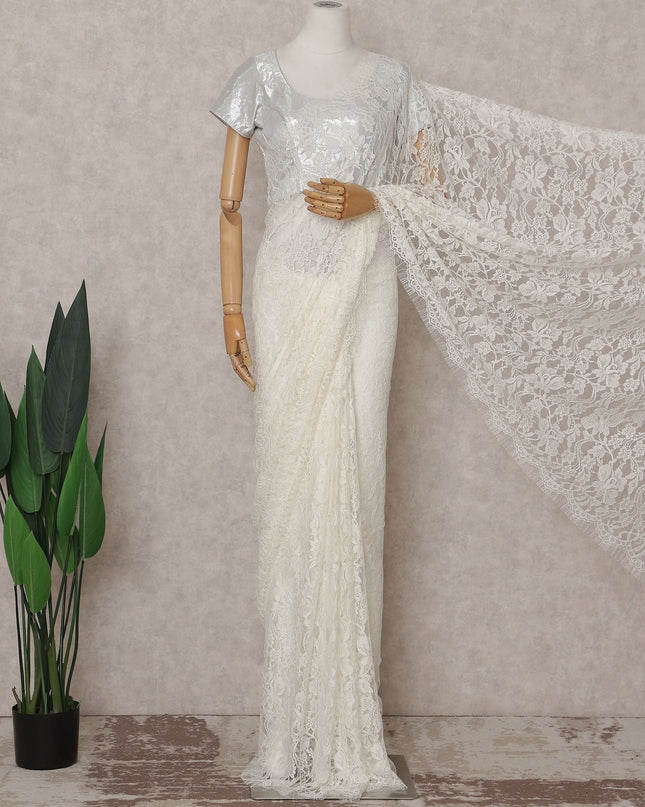 Ivory White Floral French Chantilly Lace Saree