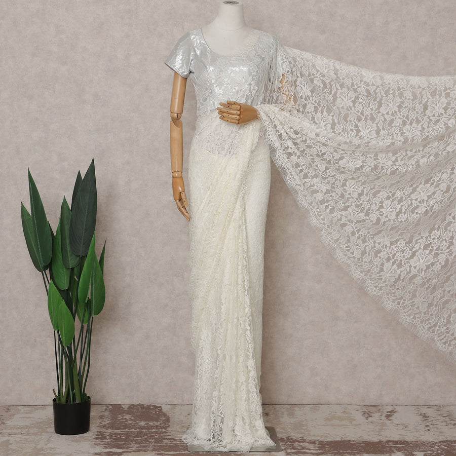 Ivory White Floral French Chantilly Lace Saree