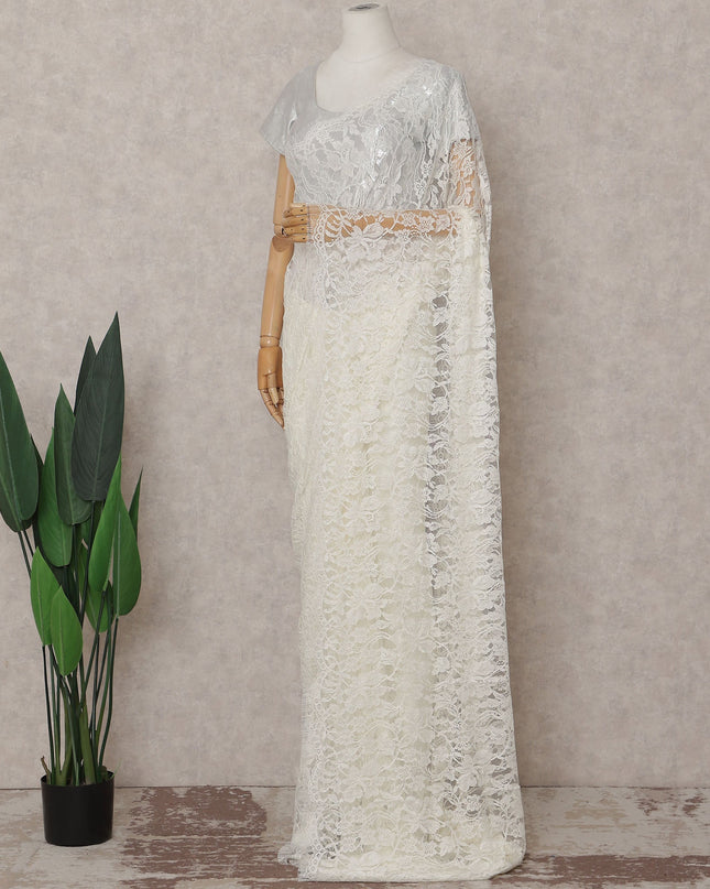 Ivory White Floral French Chantilly Lace Saree