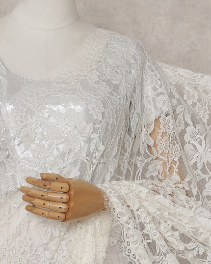 Ivory White Floral French Chantilly Lace Saree