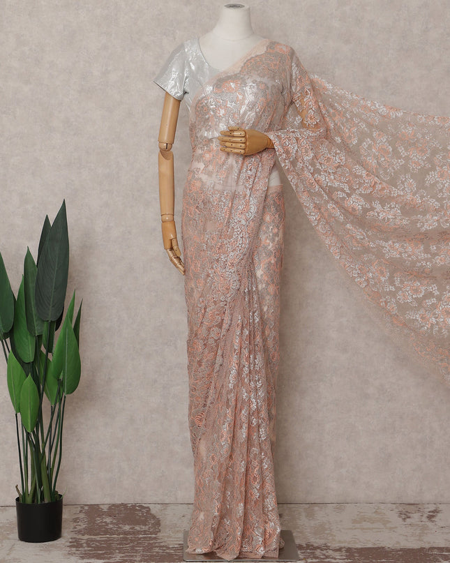 Coral Peach Chantilly Lace Saree | Regal Fabrics