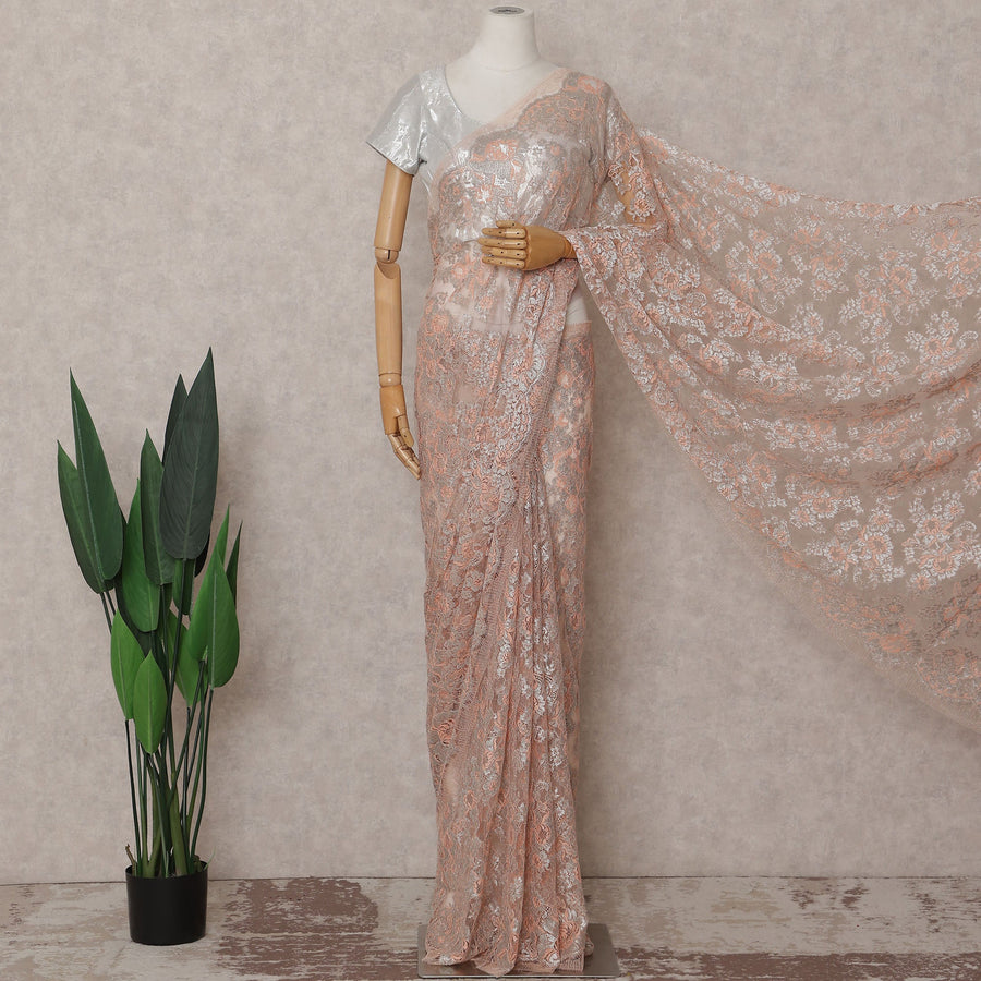 Coral Peach Chantilly Lace Saree | Regal Fabrics