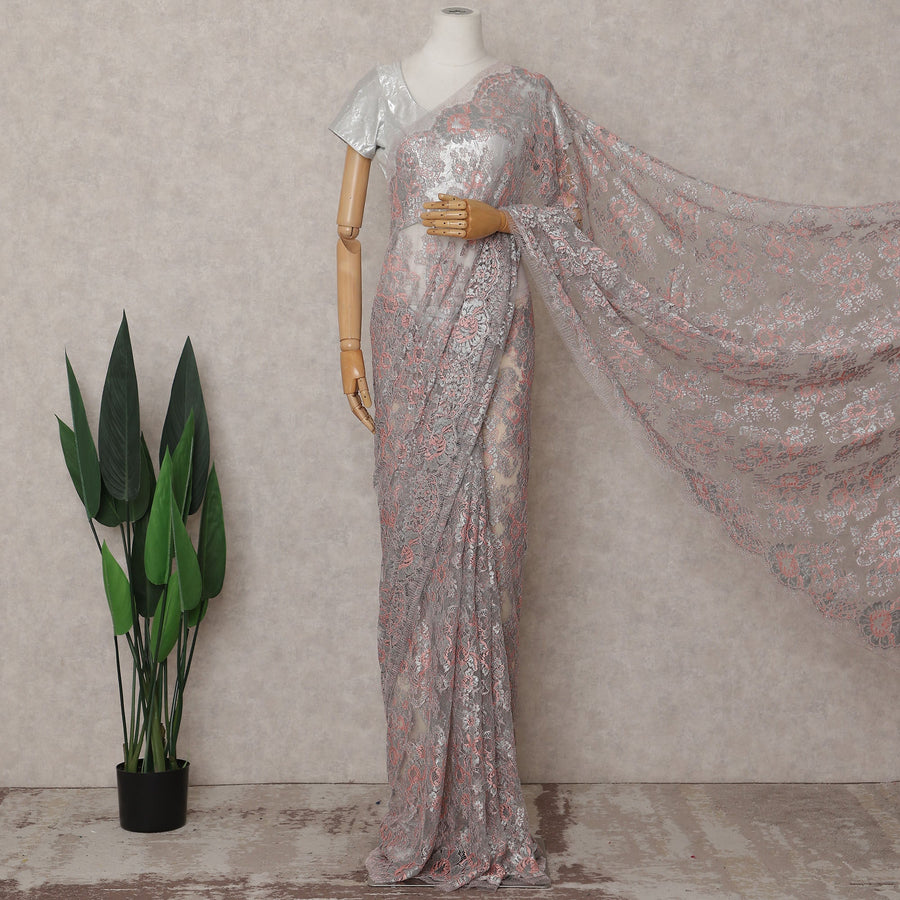 Silver Grey Chantilly Lace Saree - D31622