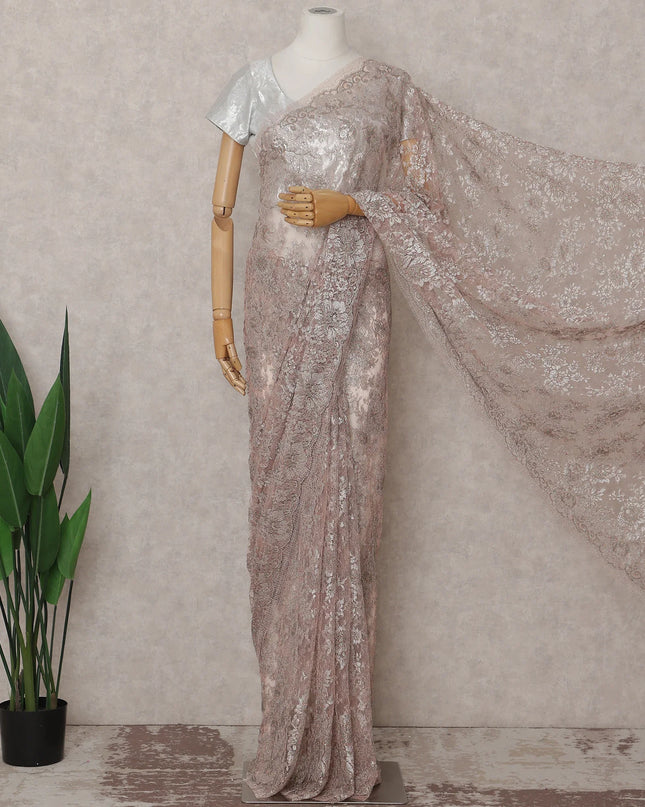 Rosy Taupe French Chantilly Lace Saree 5.5m