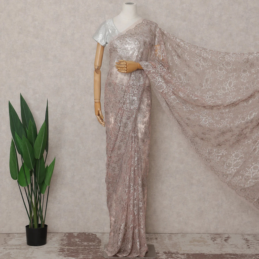 Rosy Taupe French Chantilly Lace Saree 5.5m