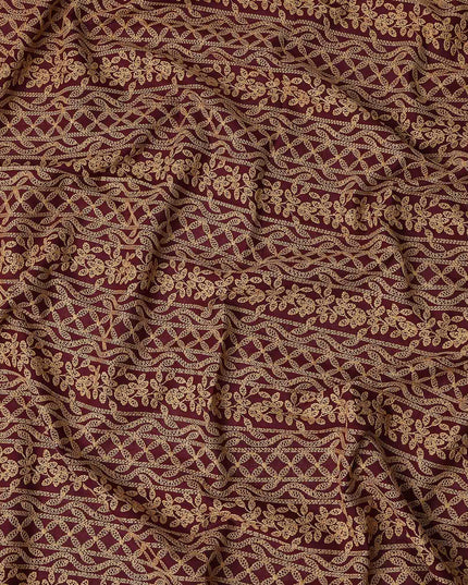 Burgundy Gold Stripe Embroidered Cotton Voile 110cm
