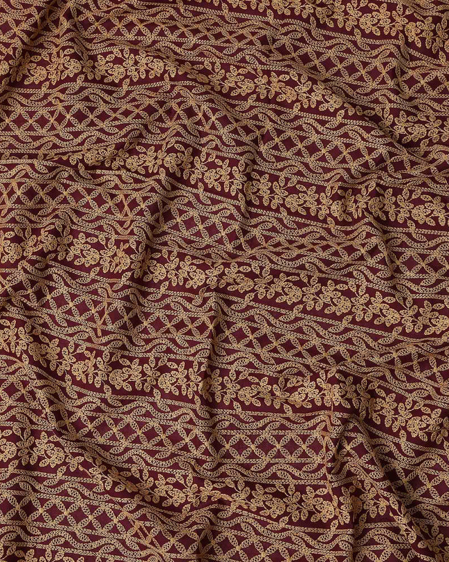 Burgundy Gold Stripe Embroidered Cotton Voile 110cm