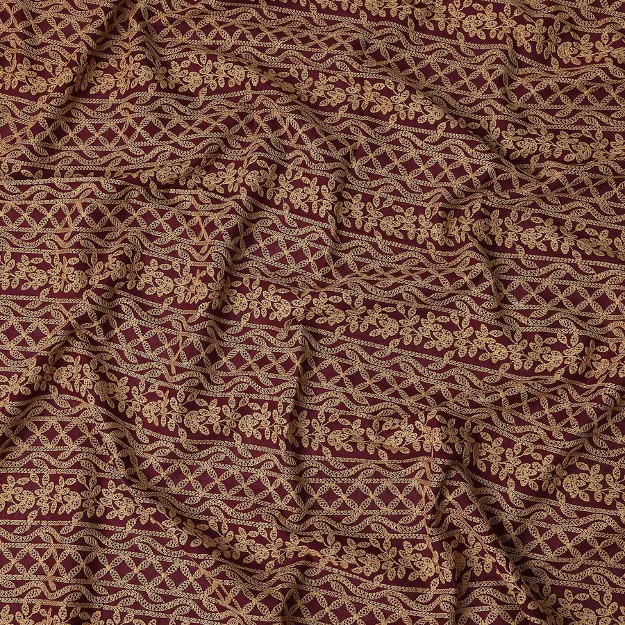 Burgundy Gold Stripe Embroidered Cotton Voile 110cm