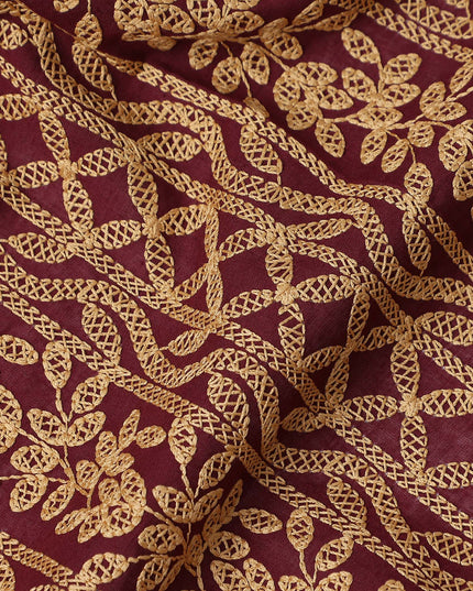 Burgundy Gold Stripe Embroidered Cotton Voile 110cm