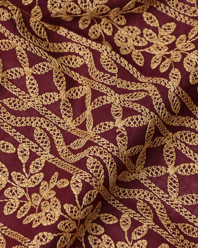 Burgundy Gold Stripe Embroidered Cotton Voile 110cm