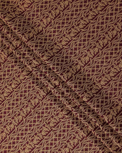 Burgundy Gold Stripe Embroidered Cotton Voile 110cm