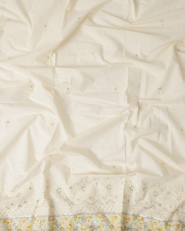 Ivory Self Floral Scallop Border Voile 140cm India