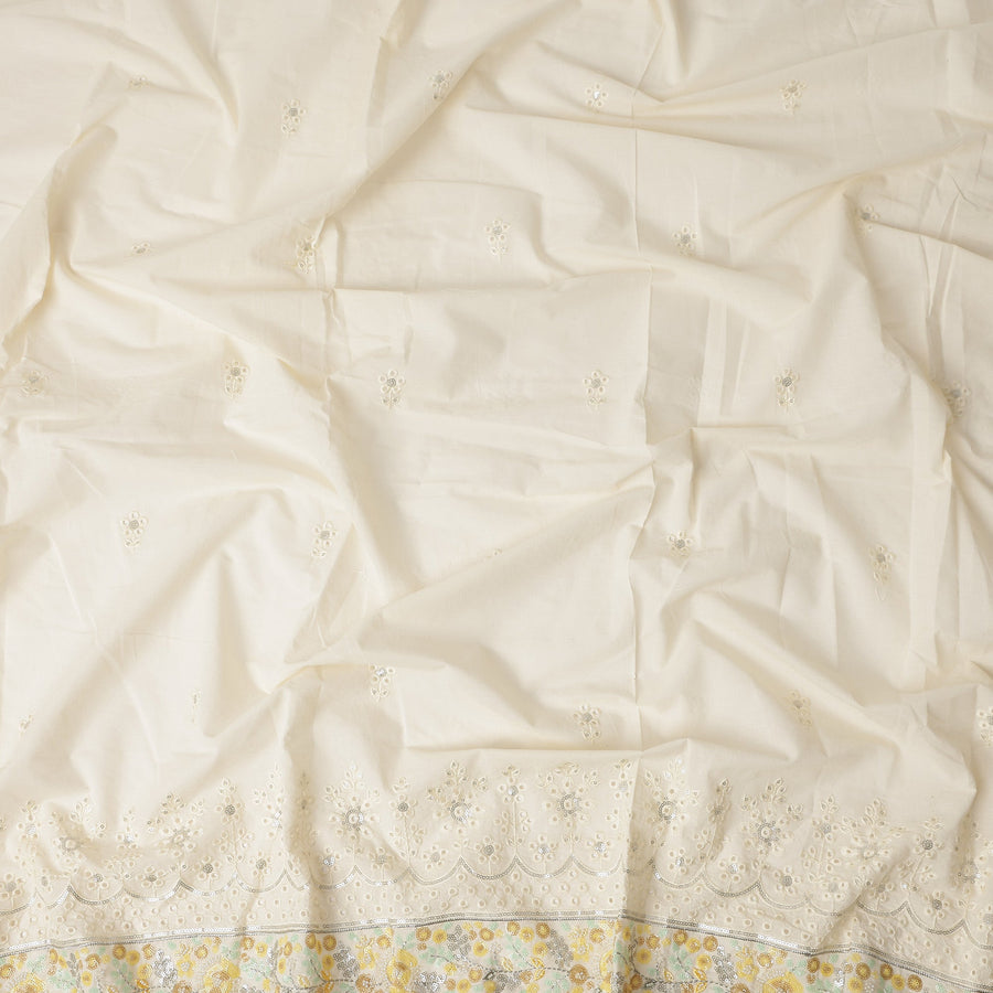 Ivory Self Floral Scallop Border Voile 140cm India
