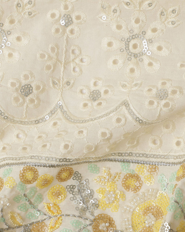 Ivory Self Floral Scallop Border Voile 140cm India