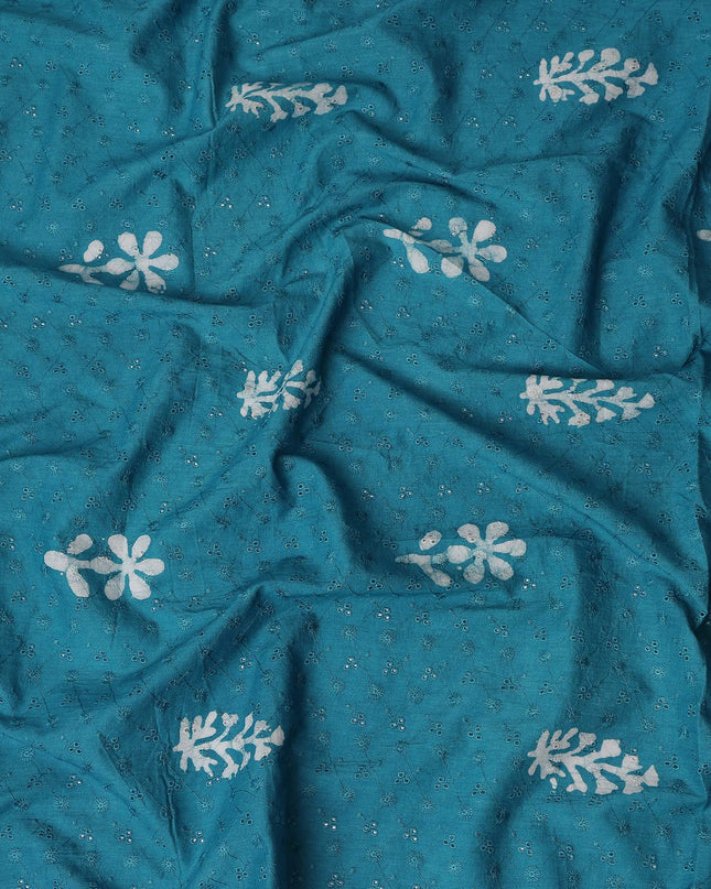 Teal Peacock Blue Floral Embroidered Voile 110cm