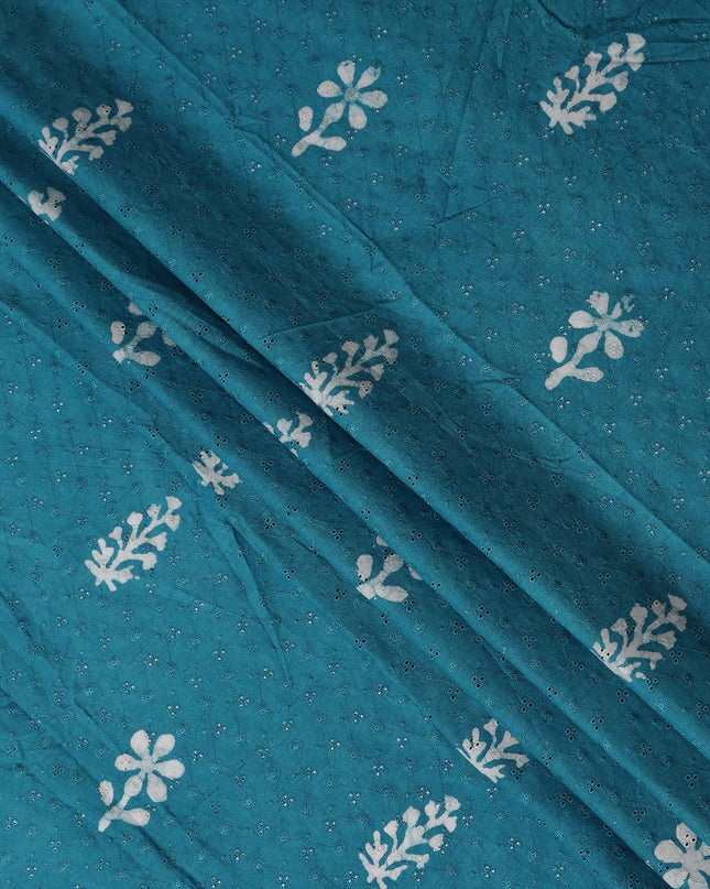 Teal Peacock Blue Floral Embroidered Voile 110cm