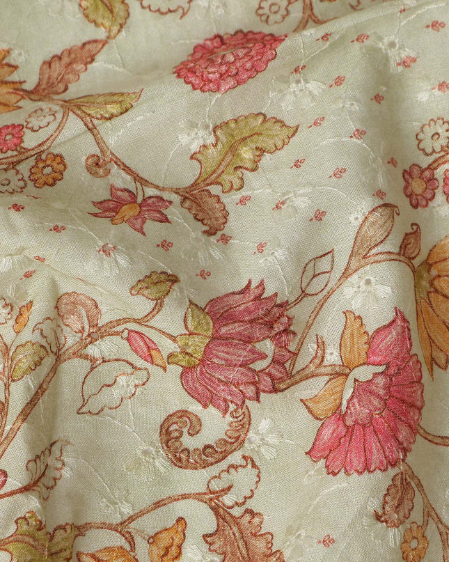 Ivory Pink Botanical Floral Embroidered Voile 110cm