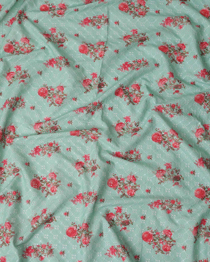 Sage Green Embroidered Cotton Voile Fabric 110cm