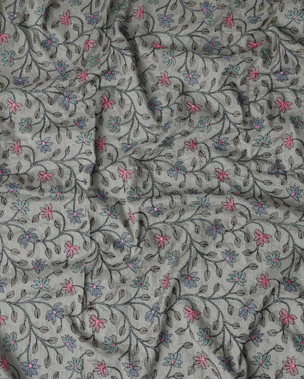 Grey Multicolor Floral Embroidered Cotton Voile 110cm