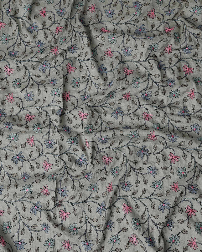 Grey Multicolor Floral Embroidered Cotton Voile 110cm