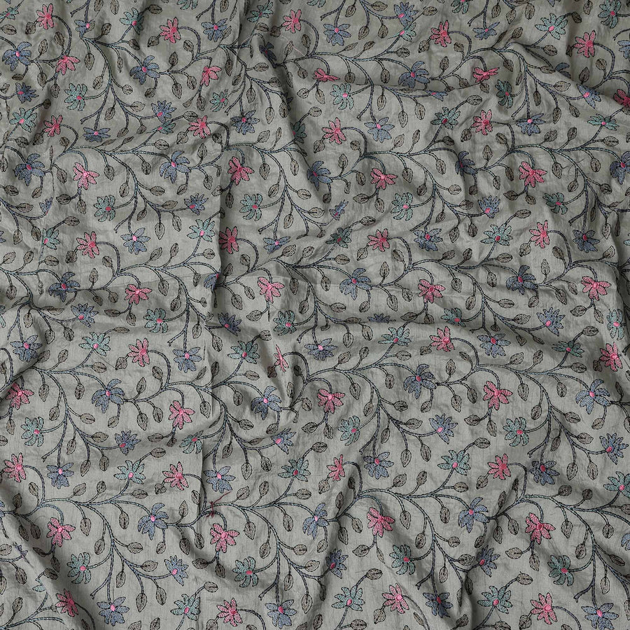 Grey Multicolor Floral Embroidered Cotton Voile 110cm