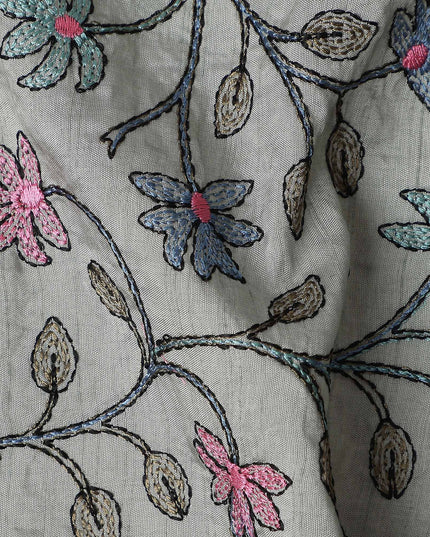 Grey Multicolor Floral Embroidered Cotton Voile 110cm