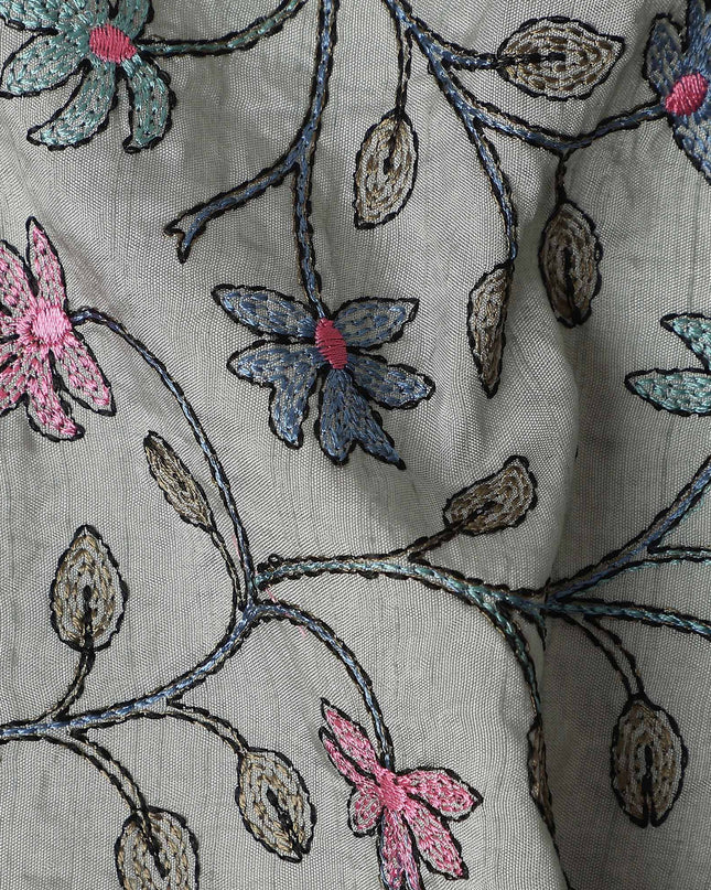 Grey Multicolor Floral Embroidered Cotton Voile 110cm