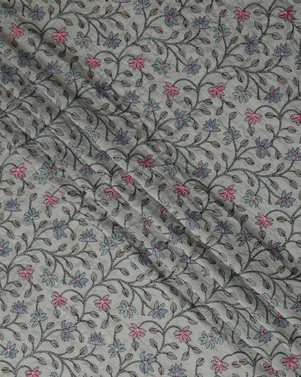 Grey Multicolor Floral Embroidered Cotton Voile 110cm