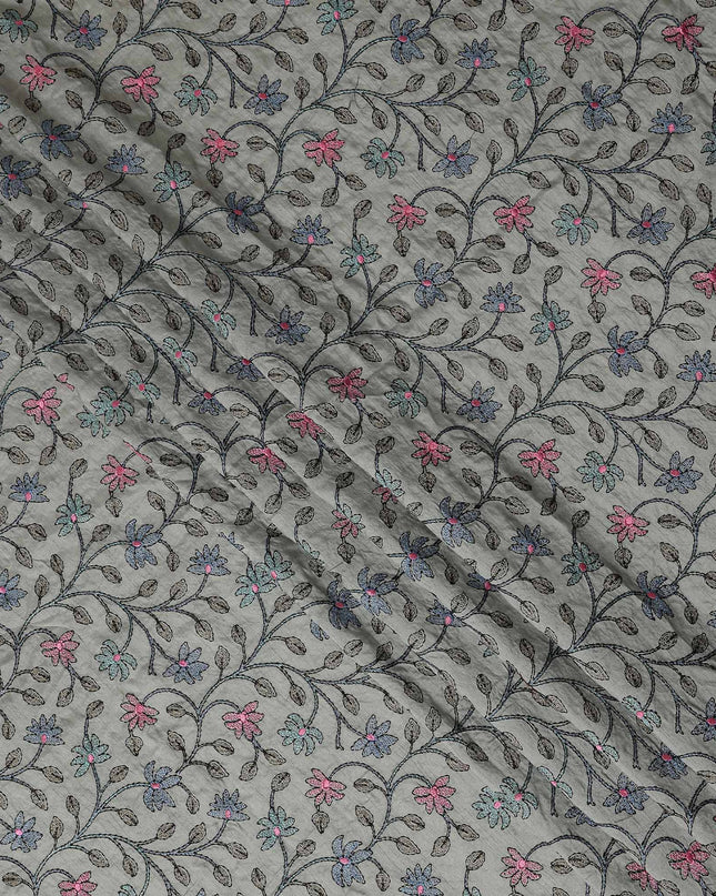 Grey Multicolor Floral Embroidered Cotton Voile 110cm