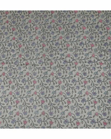 Grey Multicolor Floral Embroidered Cotton Voile 110cm