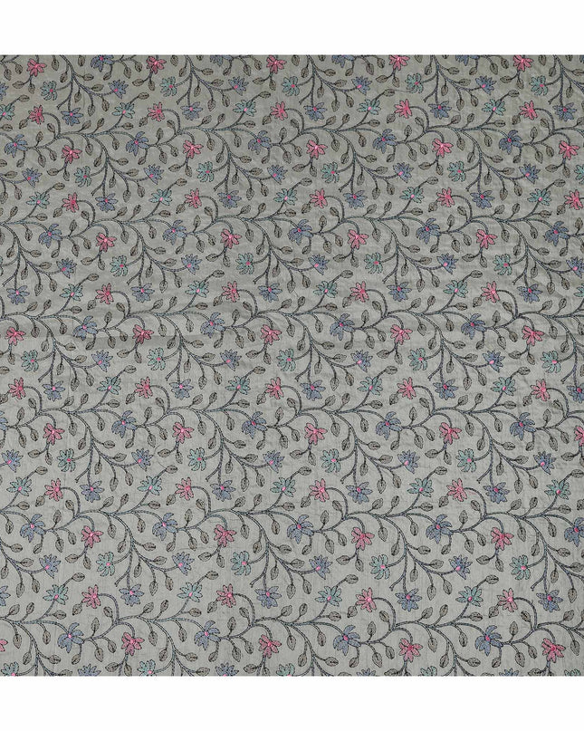 Grey Multicolor Floral Embroidered Cotton Voile 110cm