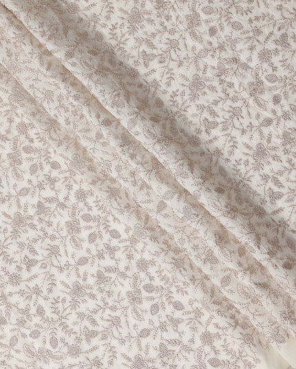 Ivory White Floral Embroidered Cotton Voile 110cm