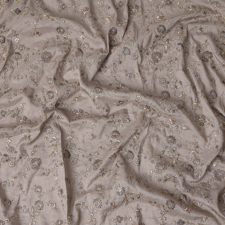 Taupe Grey Gold Floral Embroidered Voile 110cm