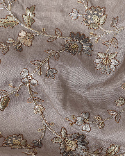 Taupe Grey Gold Floral Embroidered Voile 110cm