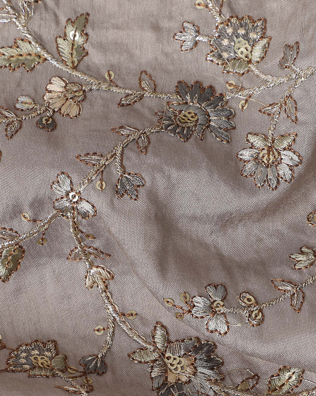 Taupe Grey Gold Floral Embroidered Voile 110cm